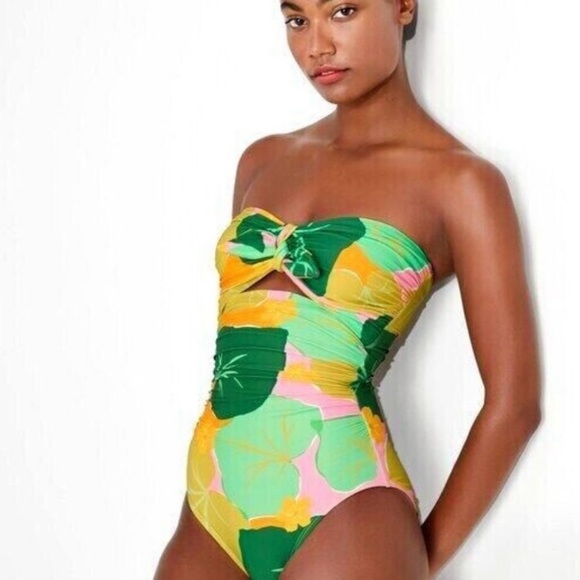 NWT Kate Spade Cucumber Floral Tie Bandeau One-piece Swimsuit, size S - Picture 1 of 6